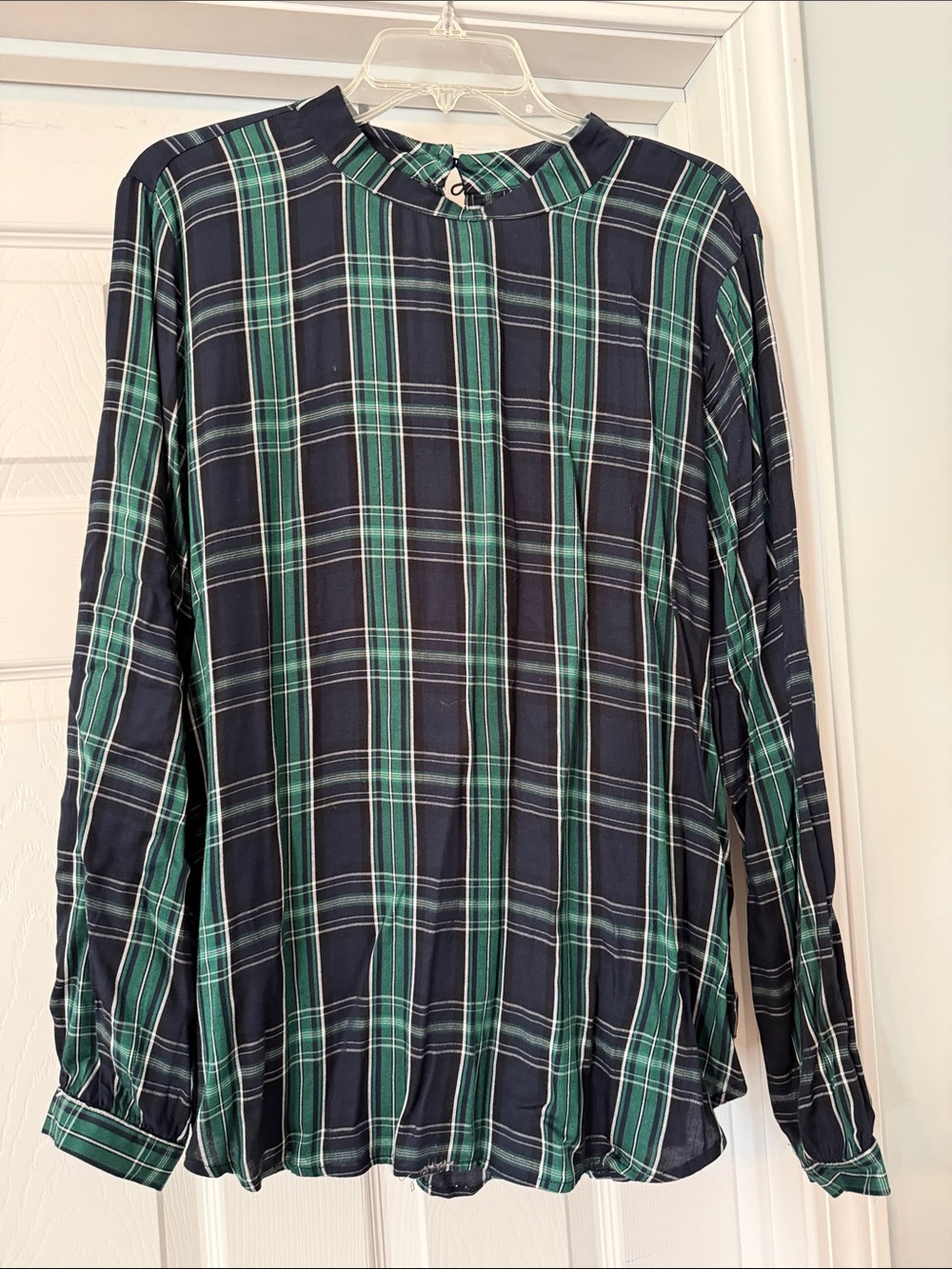 LOFT Navy & Green Plaid Long-Sleeve Blouse